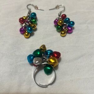 Silvertone Colorful Small Metal Jingle Bell Cluster Holiday Ring & Earrings